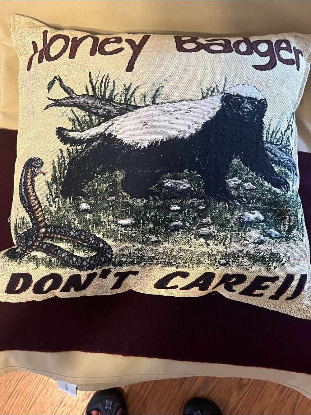 Simply Home Throw Pillow. w/Honey Badger & Cobra. 18” x 18” whimsical for inside